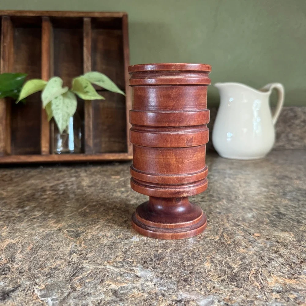 Vintage Hand Turned Wooden Bud Vase Ribbed Tiered Pedestal Brown Farmhouse Decor